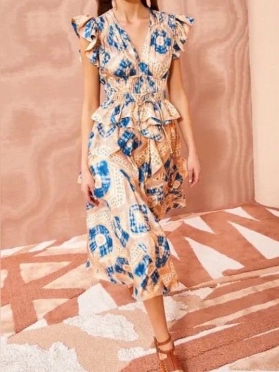 Ulla Johnson Dresses & Skirts - Ulla Johnson Cream and Blue Printed Ruffle Midi Dress